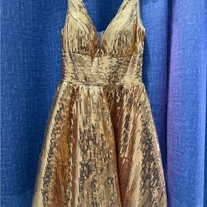 Gold Sequin Plunge A-Line Mini Dress